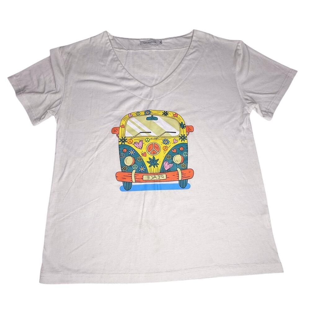 Peace Hippie Graphic Tee Beach Bus Womens Med White V-Neck T Shirt Vtg 80s